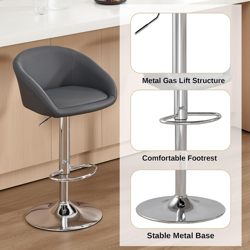 PU Leather Bar Stools Set of 2, Modern Swivel Barstools for Kitchen,Grey