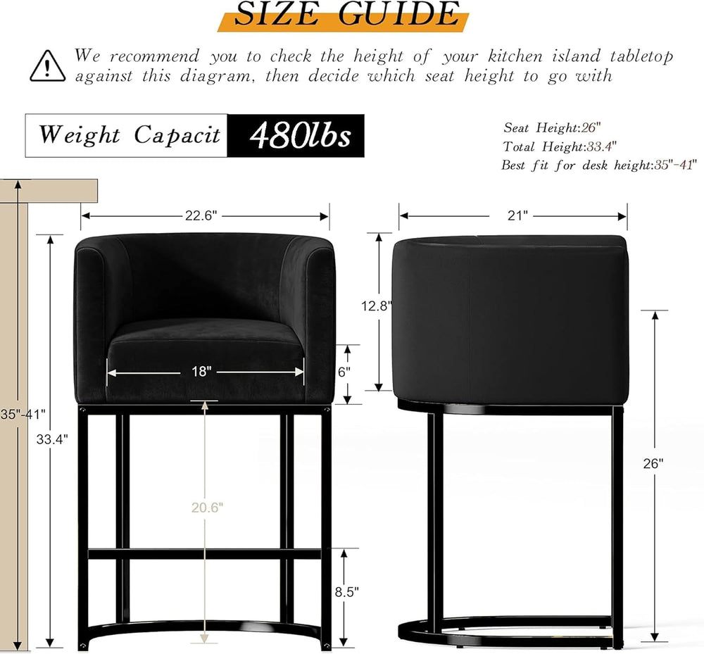 Modern Counter Height Bar Stools,Bar Stools Set of 2,Velvet Fabric Upholstere...