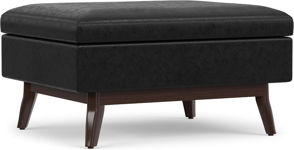 SIMPLIHOME Owen 34" Wide Vegan Leather Rectangle Lift Top Ottoman in Black