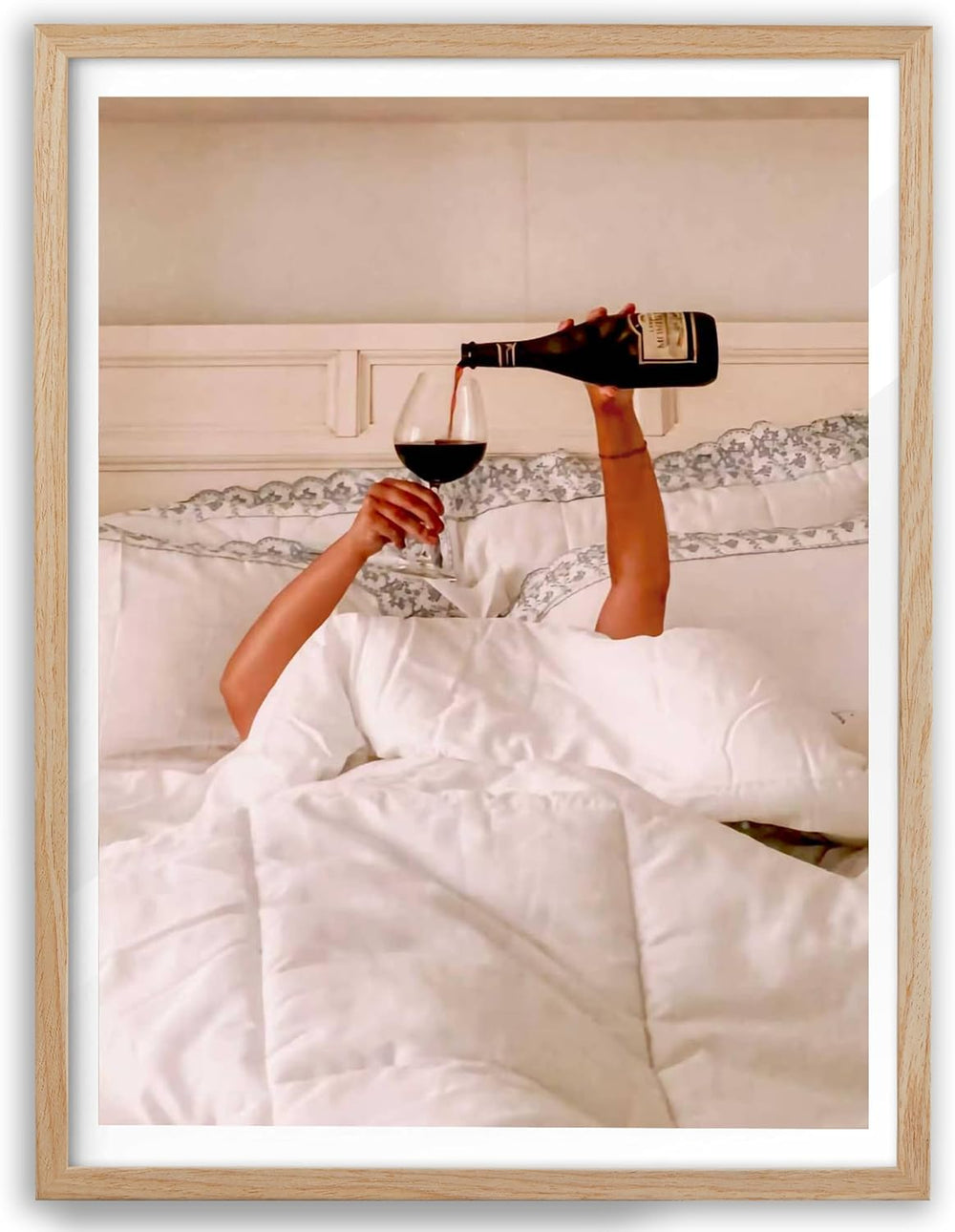 EcoHest 12x16 in Woman Drinking Wine in Bed Framed Wall Art for Bedroom