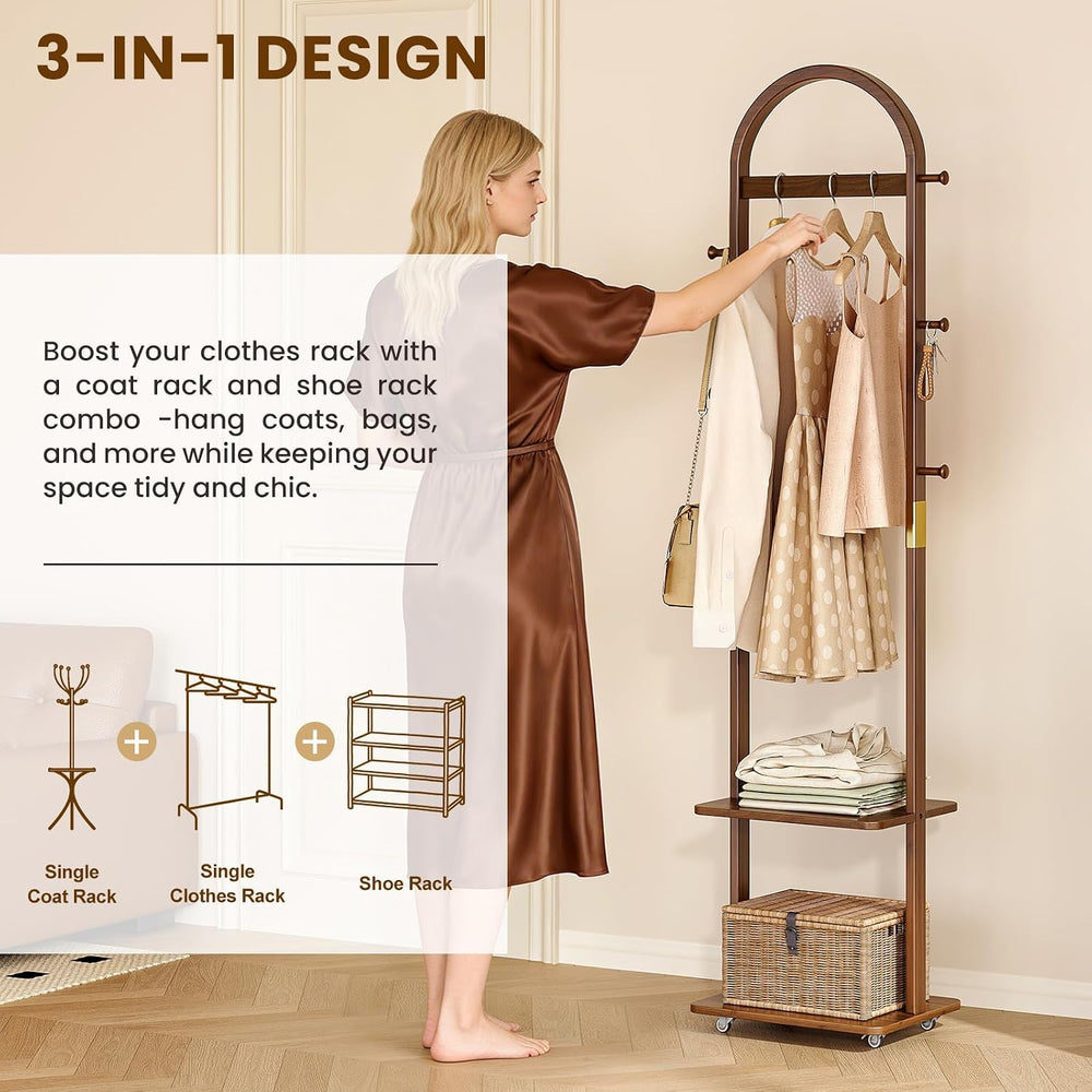 15.9" Narrow 3-in-1 Rolling Clothing Rack,Wooden Coat Rack with Wheels, ...