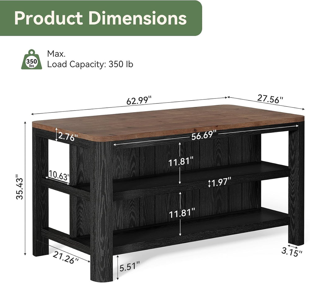 63" Solid Wood Kitchen Island with Storage Shelves, Black