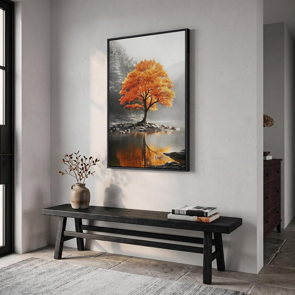 Framed Orange and Grey Fall Tree Forest Lake Landscape Wall Art, 24x36 In