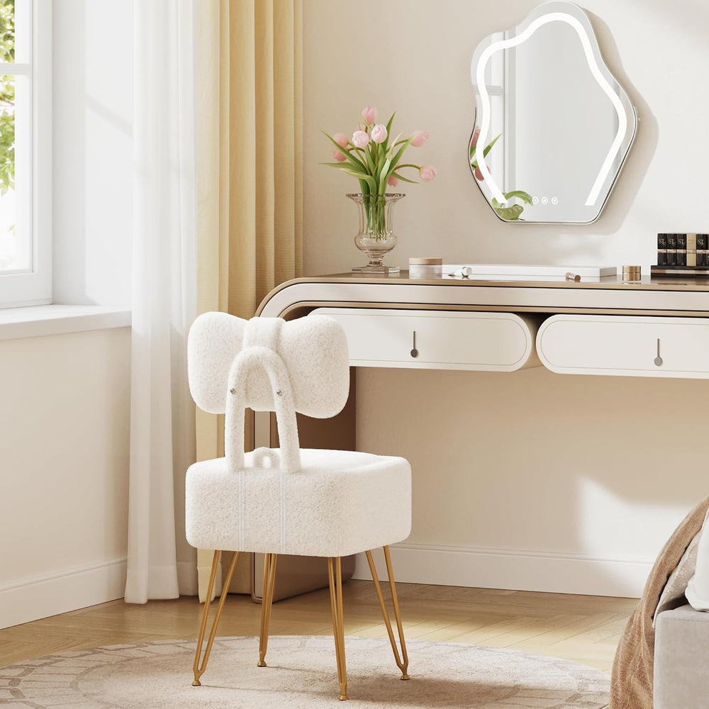 Small Vanity Stool Chair with Storage and Foldable Back, White