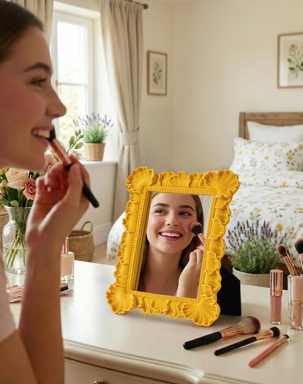 Mirror Wall Decor with Resin Frame for Room Makeover,Yellow-Orange