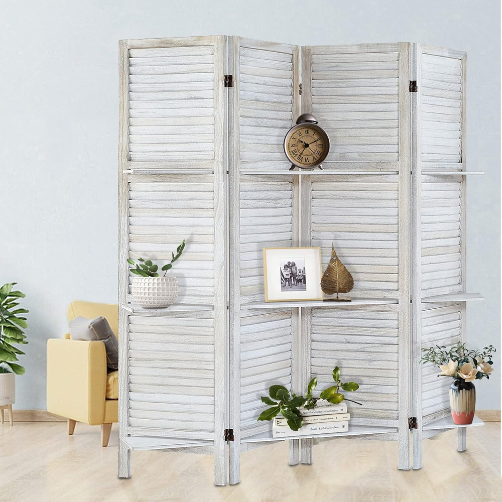 Room Divider with Shelves,4 Panel Distressed White