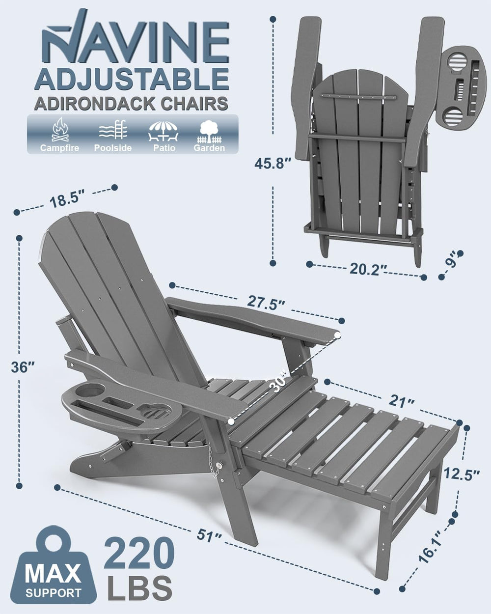 NAVINE Adjustable Adirondack Chair Set of 2 with Retractable Ottoman
