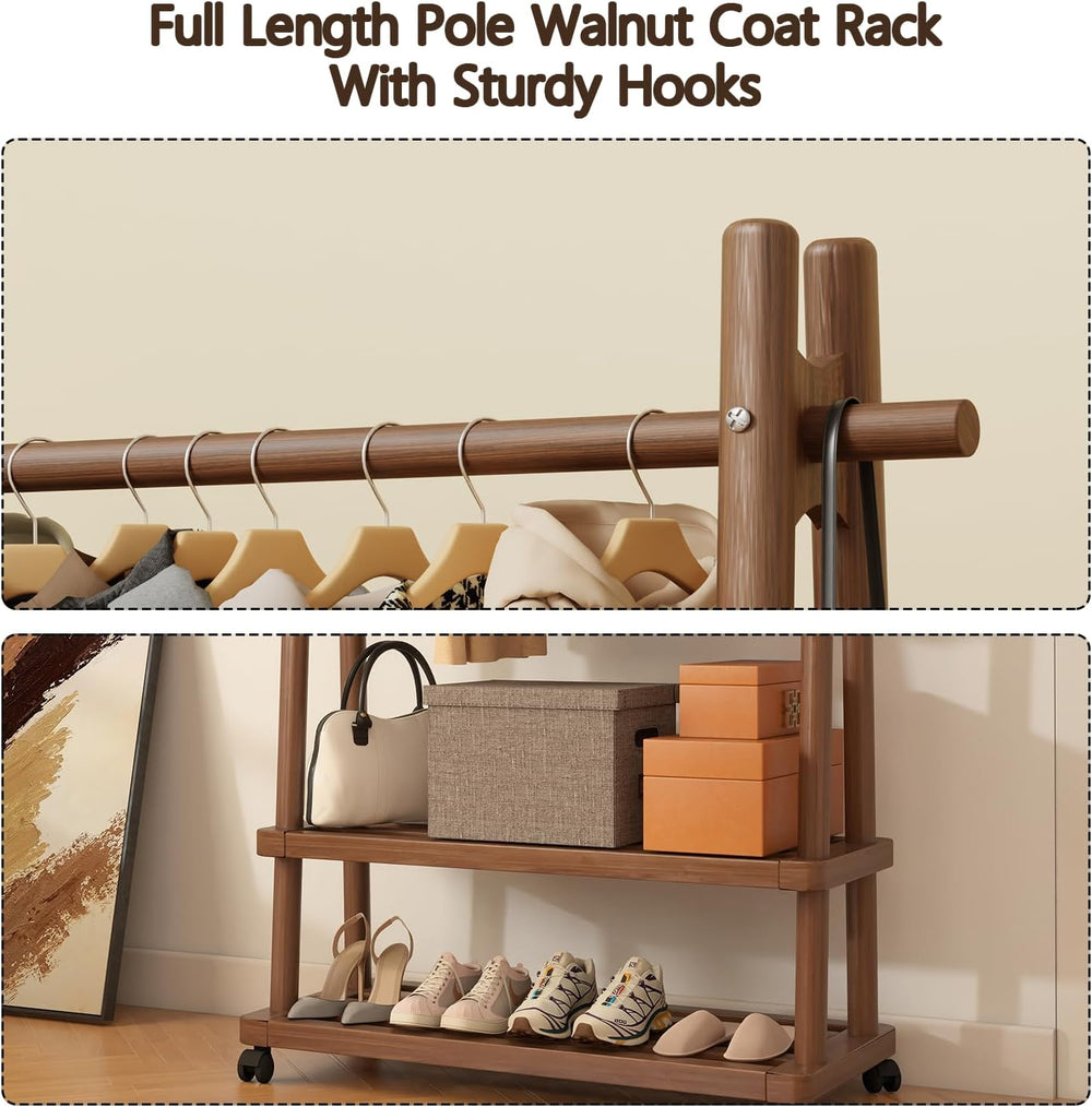 Solid Wood Clothing Rack with Wheels, Garment Rack Shelves, 31.5"W WALNUT