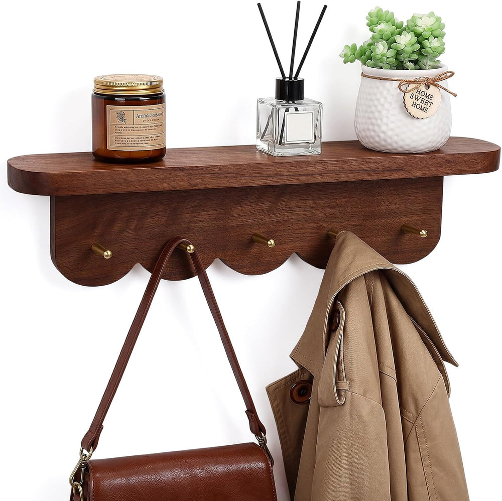 Lewtemi Wall Mount Coat Rack with Shelf 16.5" Scalloped Walnut with 5 Hooks
