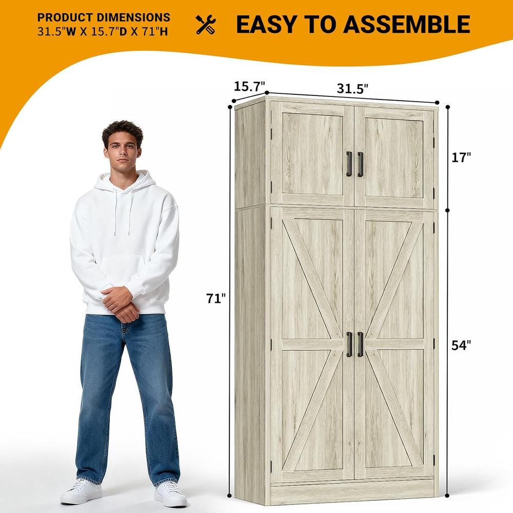 Unikito 71” Tall Pantry Storage Cabinet with Adjustable Shelves, Wash Gray