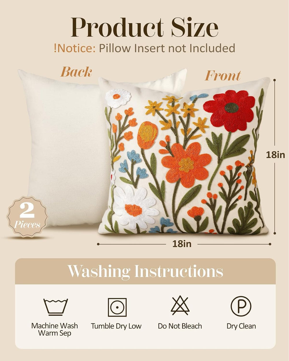 Embroidered Throw Pillow Covers 18x18 Inch, 2Pack, Flower Cluster