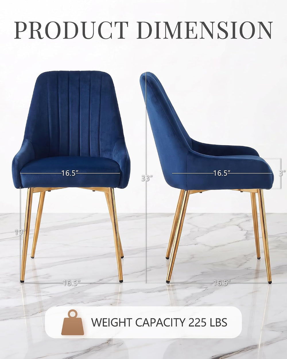 Blue Velvet Dining Chairs Set of 2, Modern Kitchen and Vanity Chairs