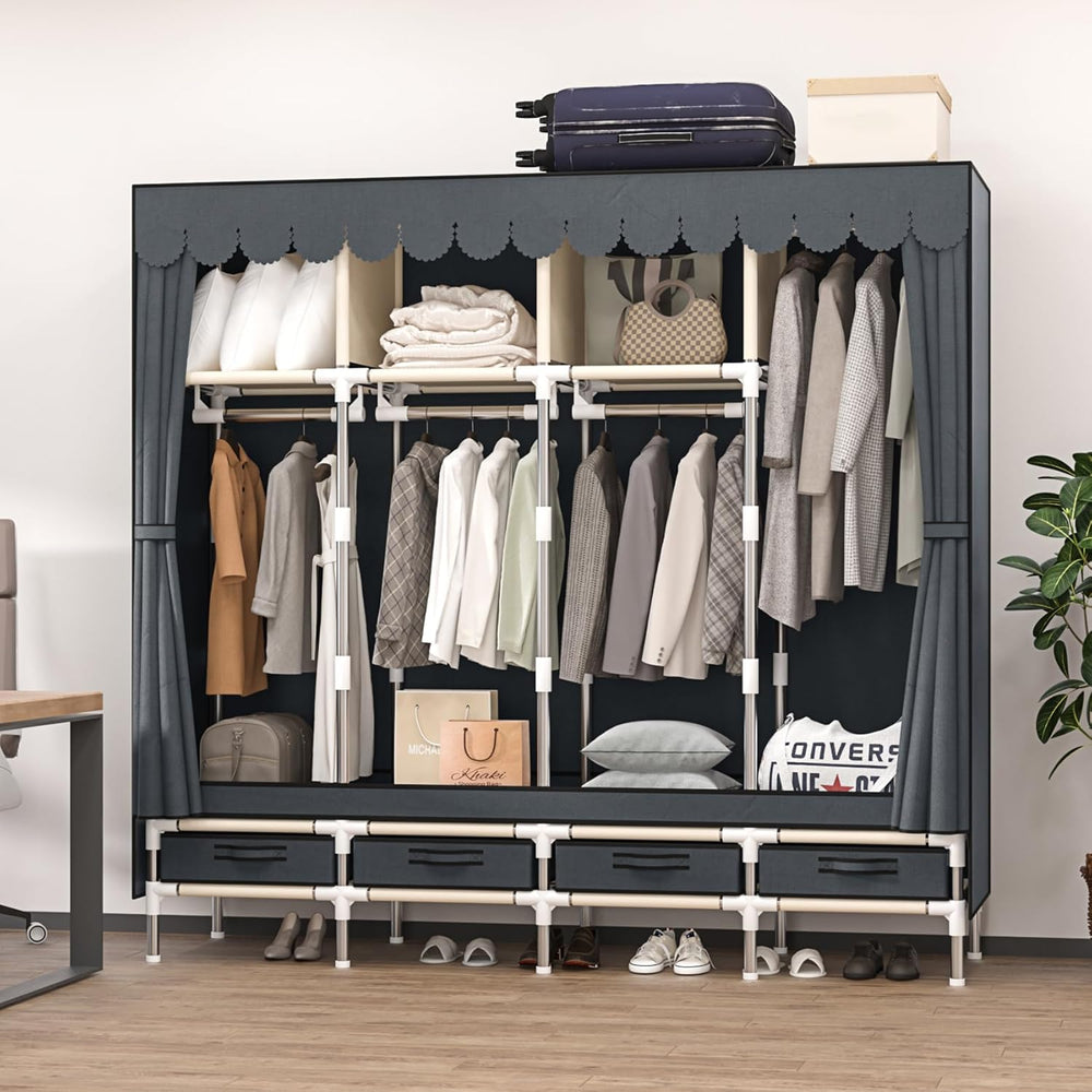 Large Portable Wardrobe with 4 Hanging Rods and Drawers, Armoire, Metal Stora...