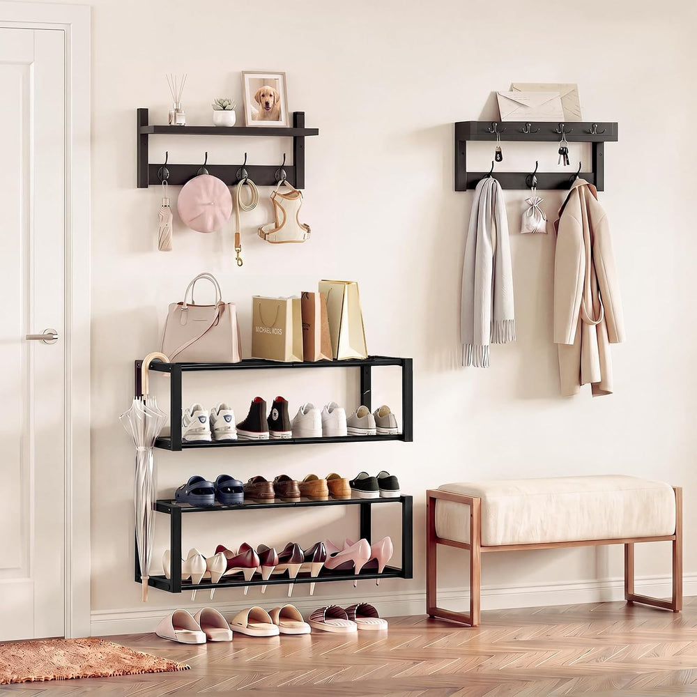 4 Pack Wall Coat Rack with Shoe Rack, 2-in-1 Coat and Shoe Rack Entryway