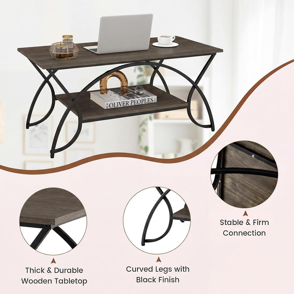 GIANTEX 2-Tier Coffee Table with Storage, 39.5" Wood Center Table, Grey Oak