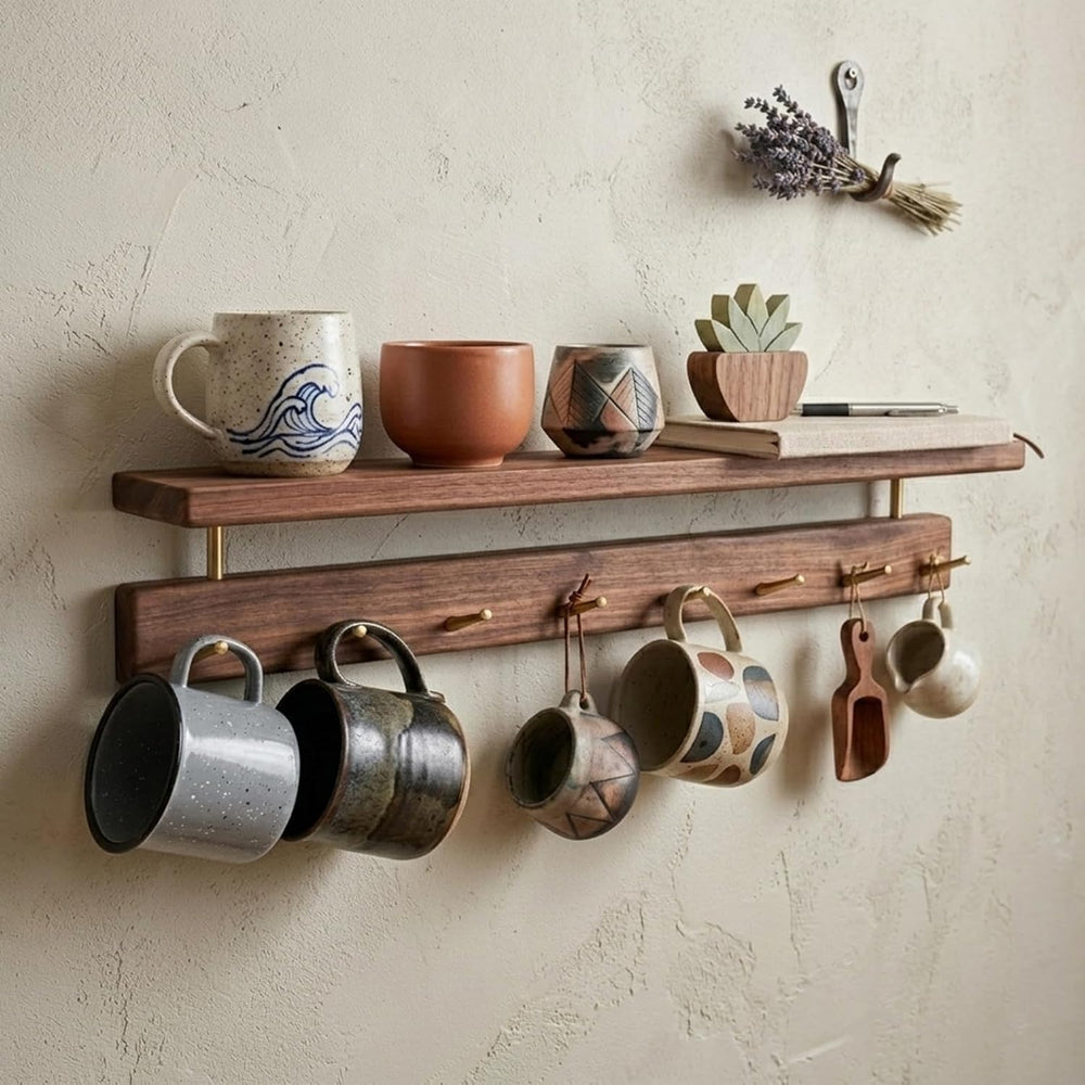 Walnut Wood Coat Rack with Shelf, Wall Mounted Rack with 5 Hooks