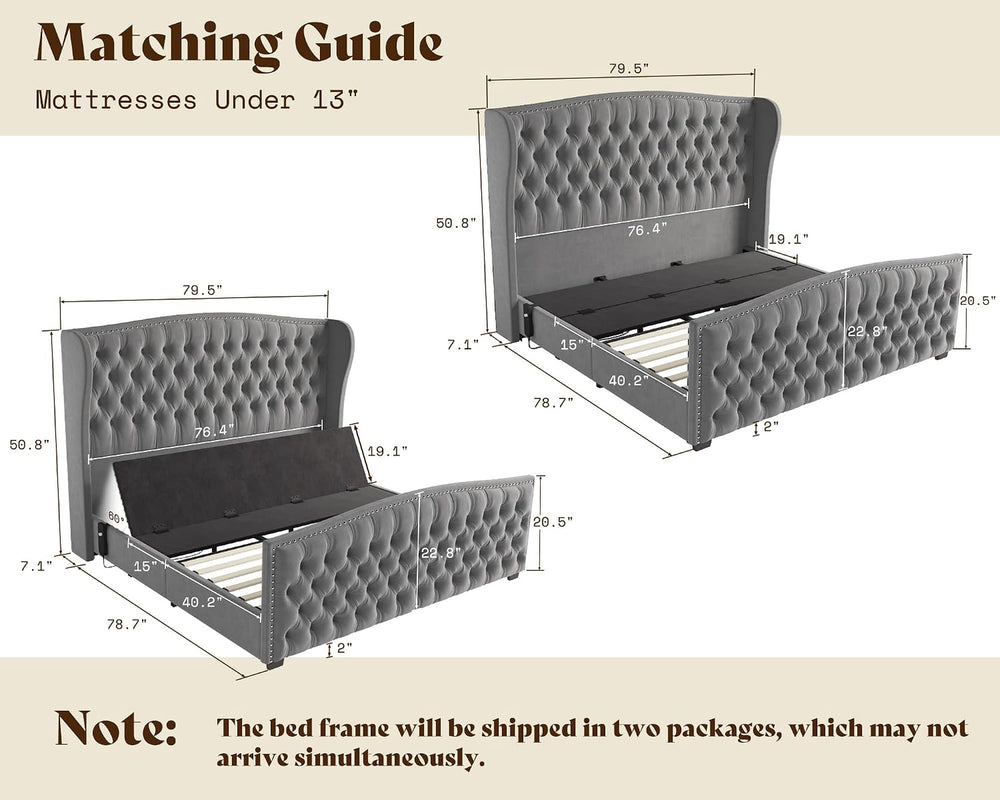AMERLIFE King Adjustable Bed Frame with 51" Velvet Upholstered Headboard