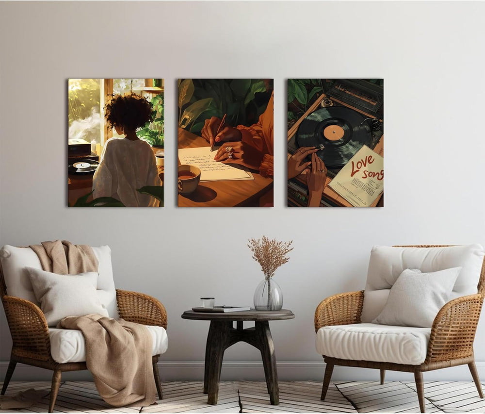 Black Girl Canvas Wall Art Set of 3 Trendy African American Women Music Poste...