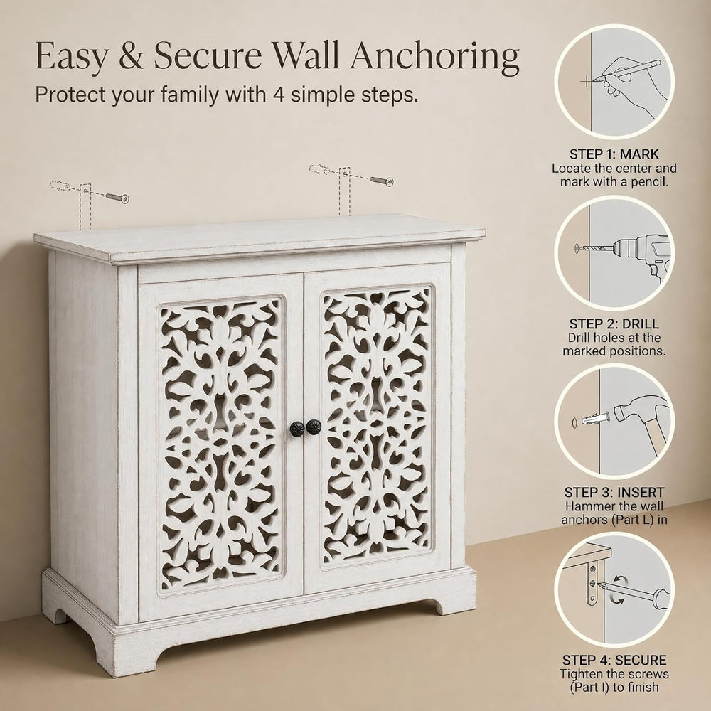 31.5" White Accent Cabinet with Carved 2-Door Storage