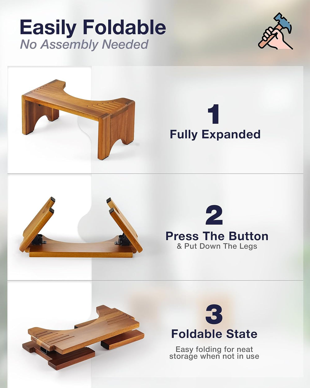 7" Acacia Wood Foldable Toilet Stool, Sturdy Wooden Poop Stool