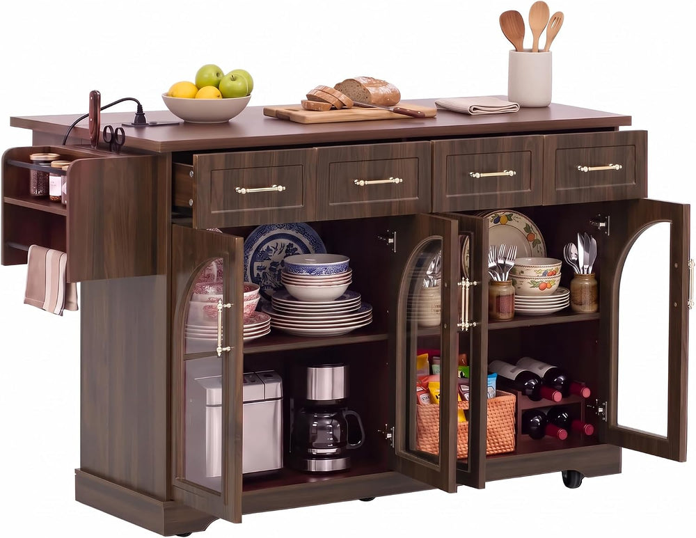 Rovibek 65 inch Rolling Kitchen Island with Storage, Drop Leaf and Power Outl...