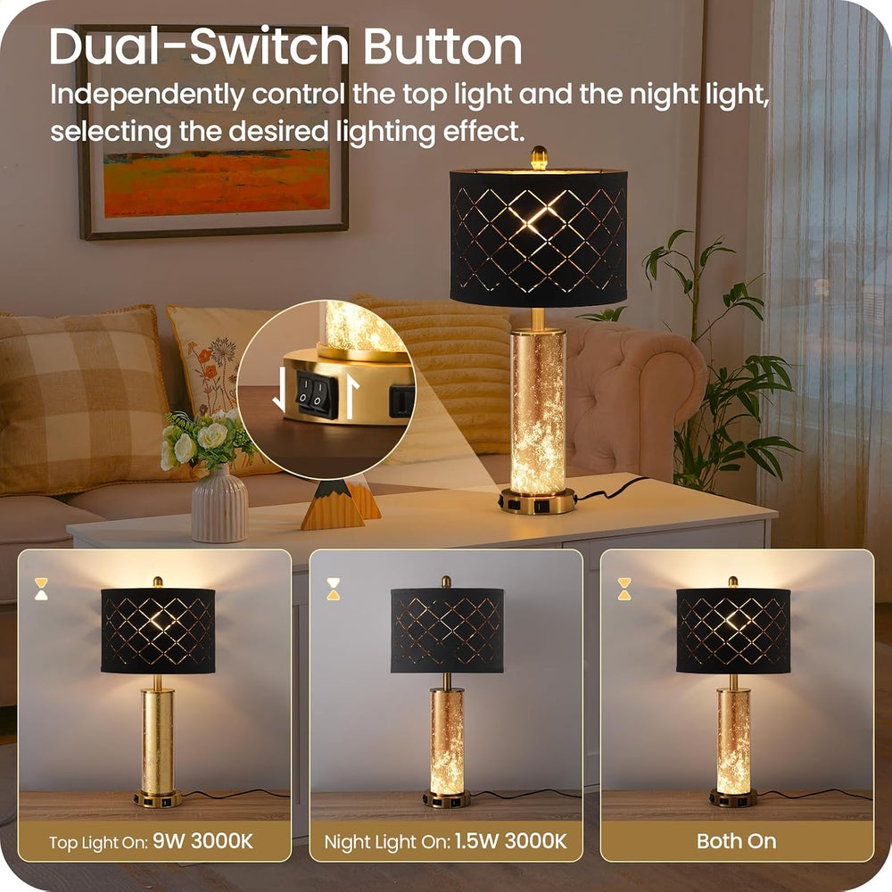 25.6" Black Table Lamps Set of 2, Tall Bedside Lamps with Nightlight, Mo...