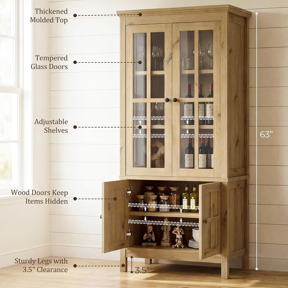 63" Kitchen Pantry Cabinet with Glass Doors,Farmhouse Storage Cabinets