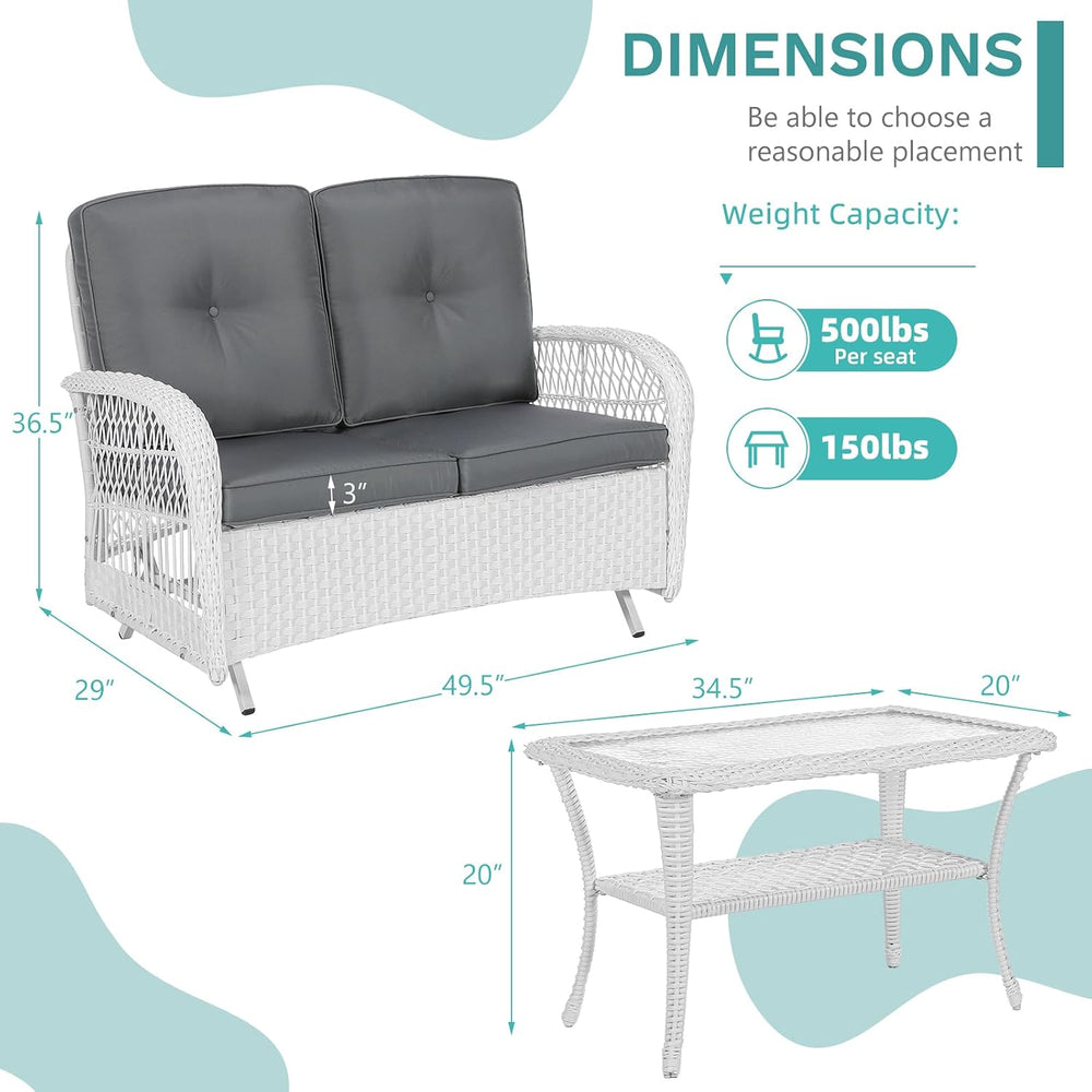 MEETWARM Outdoor Wicker Patio Glider Set, Loveseat for 2 Person Porch Furnitu...