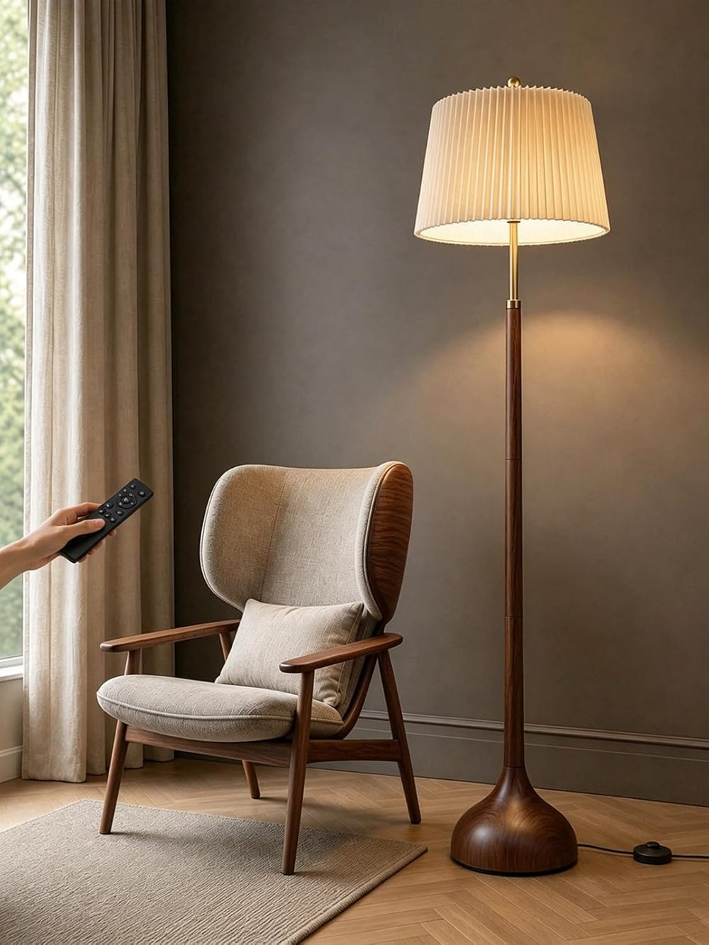 MOFFE Mid Century Modern Wood & Brushed Brass Floor Lamp with Remote