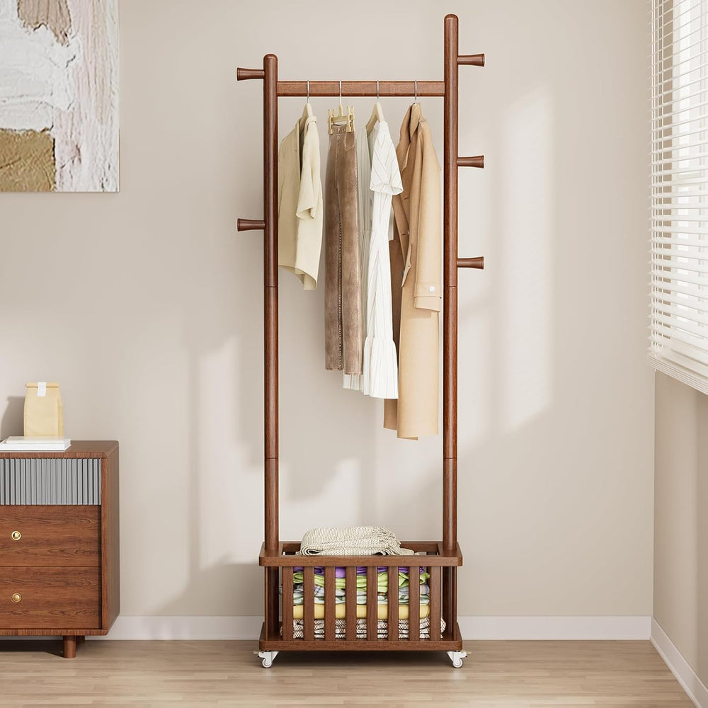 Taitiy Solid Wood Coat Rack with Wheels, Freestanding Coat Tree with Removabl...