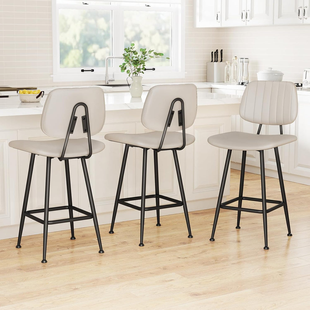 Raynesys 24-Inch Leather Bar Stools Set of 3 with High Backrest, Beige