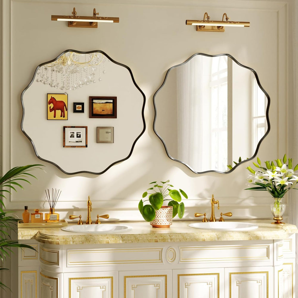 24" Decorative Scalloped Round Wall Mirror, Wavy Metal Deep Frame, Black