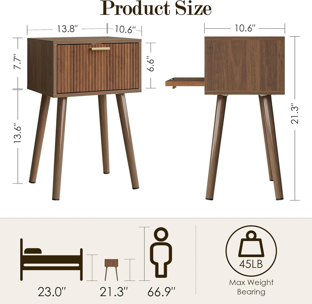 Night Stand Set 2, Modern Nightstand with Fluted Doors, Walnut