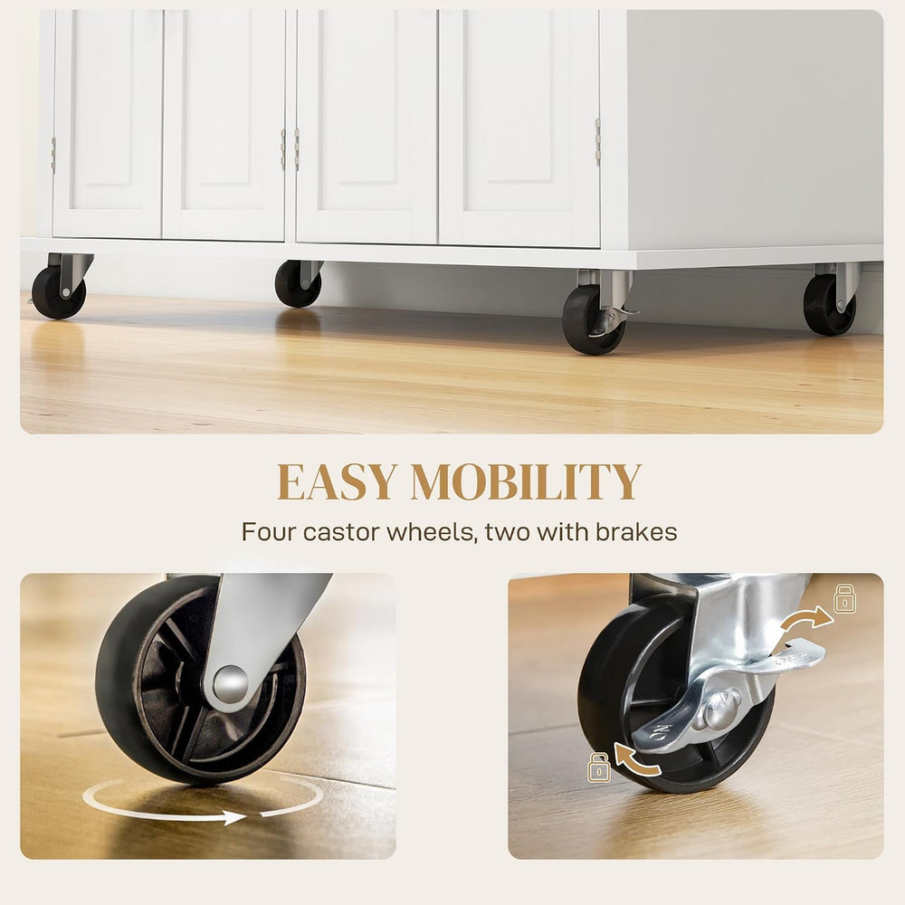 HOMCOM Kitchen Island Cart on Wheels with Solid Wood Top, 44" Cream White