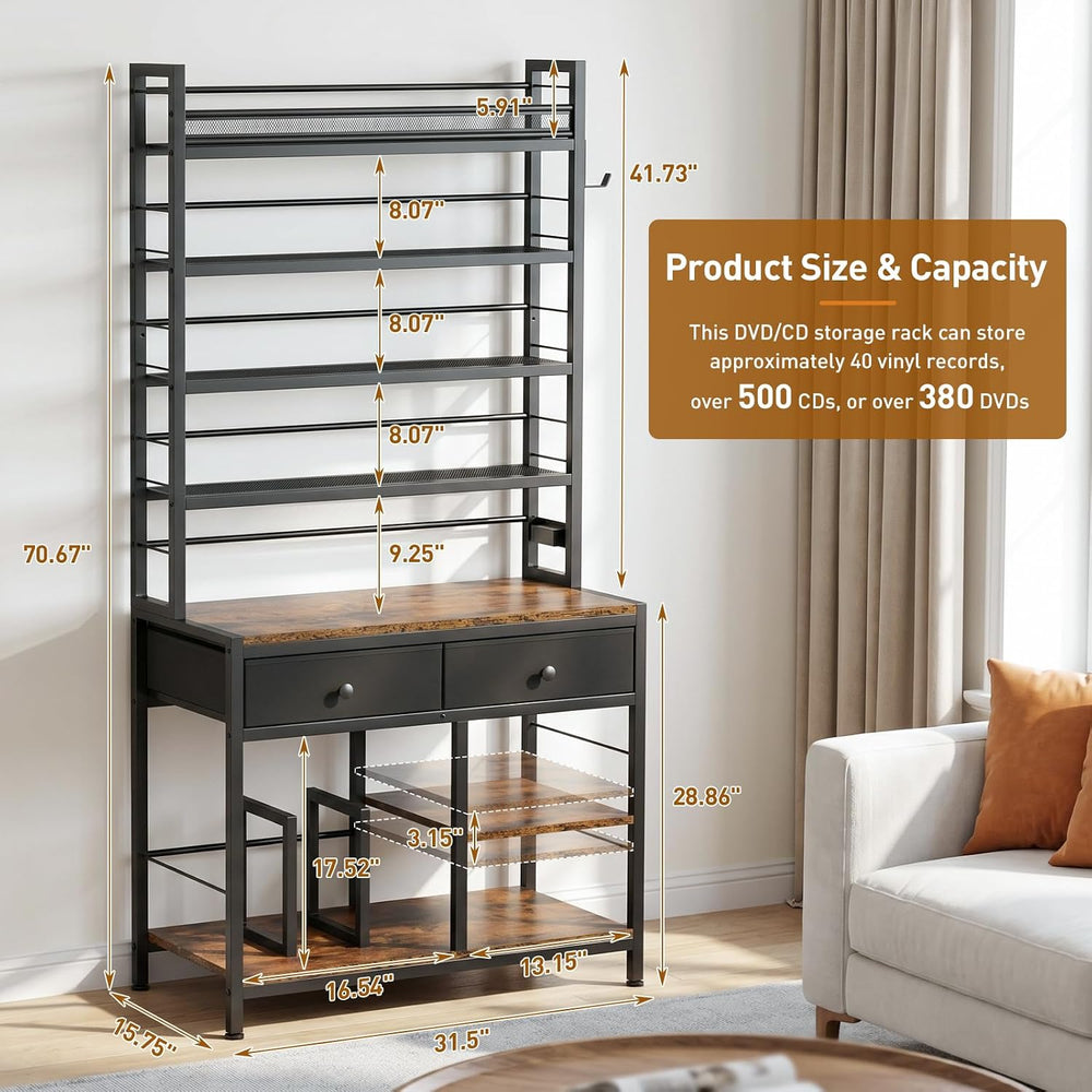 ikkle Tall CD Rack with Power Outlet & Drawers, 8-Tier DVD Storage Shelf