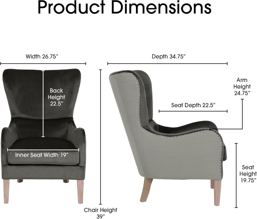 Elle Decor Modern Farmhouse Wingback Chair, Dark Gray/Gray