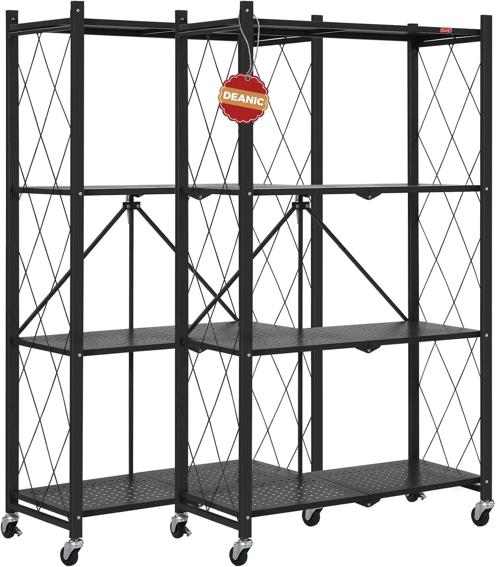 DEANIC 4 Tier Foldable Storage Shelves with Wheels, Large Capacity Shelving U...