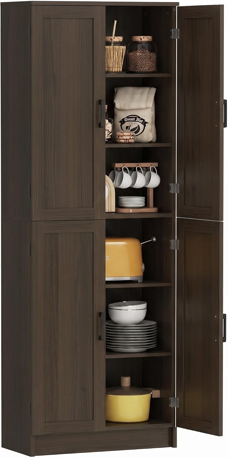 HOMCOM 67" Freestanding Kitchen Pantry 4-Door Cabinet Distressed Brown