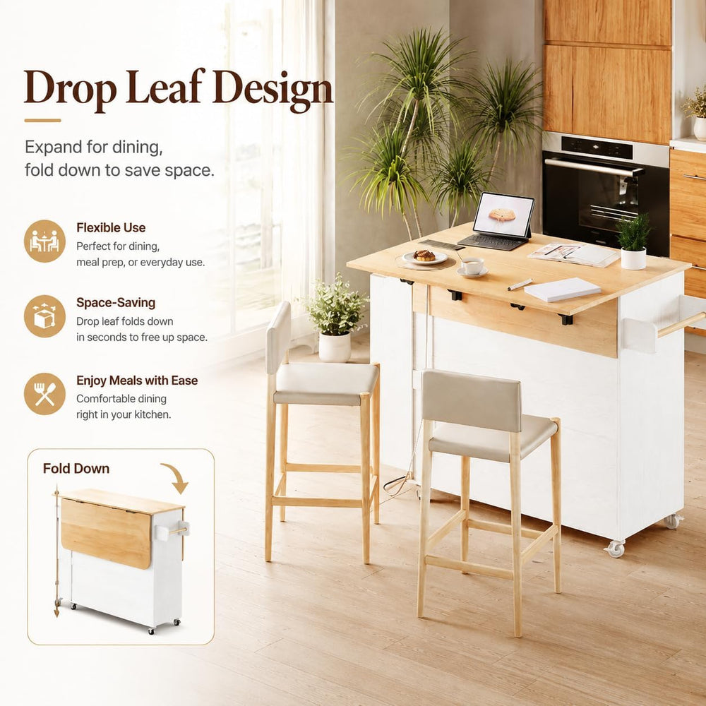 IRONCK Kitchen Island with Storage, Charging Station and Drop Leaf, White
