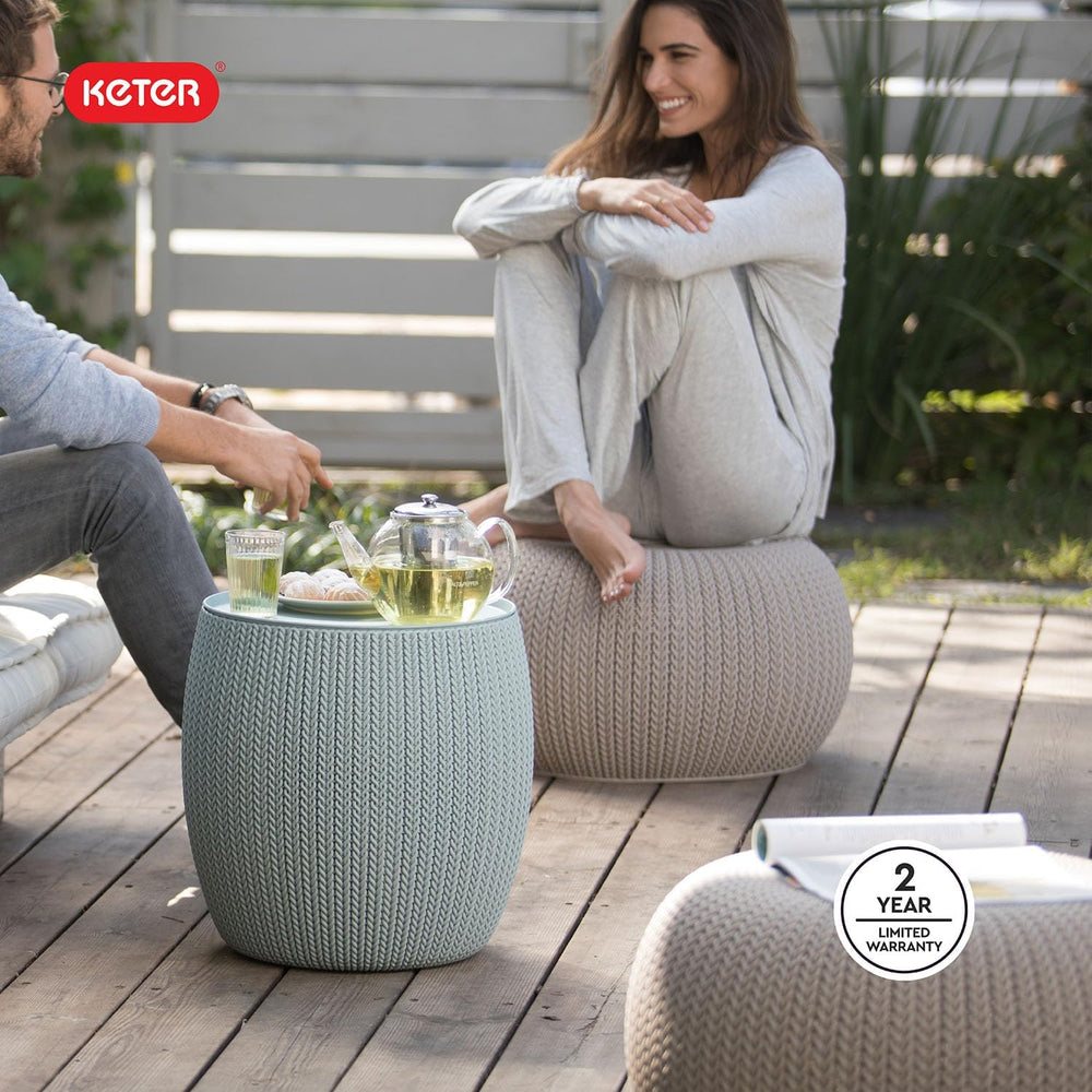 Keter Urban Knit Pouf Ottoman Set of 2 with Storage Table for Patio and Room ...