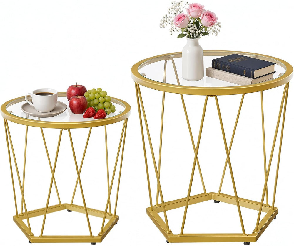 HOOBRO Small Round Coffee Table Set of 2, Modern Gold Side Tables