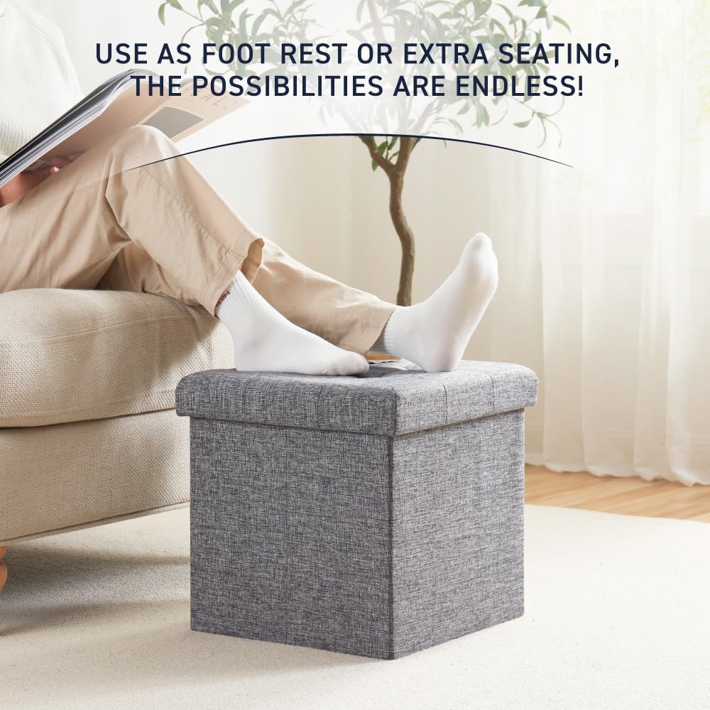 Ornavo Home 15 Inch Folding Storage Ottoman Cube, Tufted Linen, Gray
