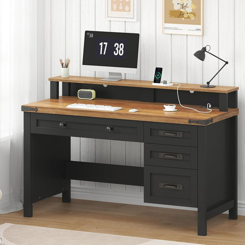 47" Farmhouse Computer Desk with Drawers & Outlets for Home Office, ...