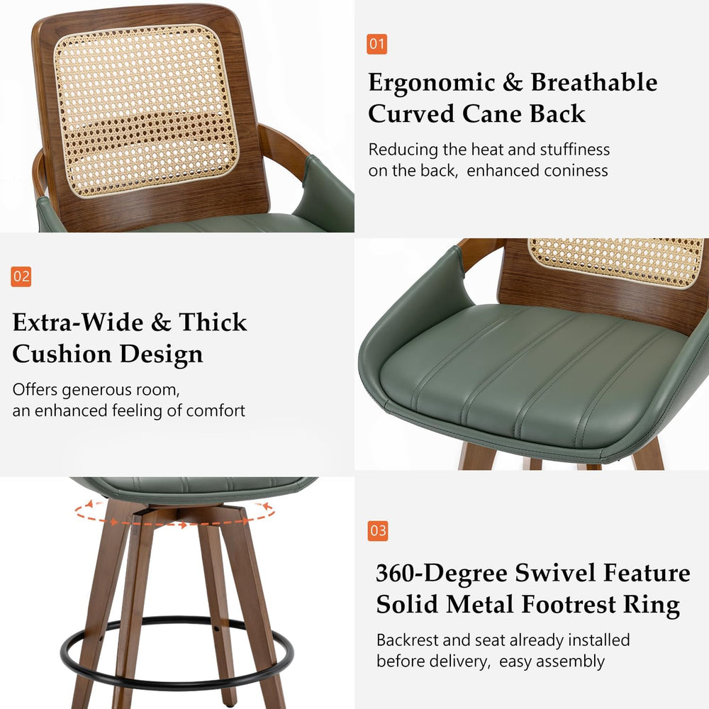 Rattan Swivel Bar Stools, Mid Century Bar Height Bar Stools with Back