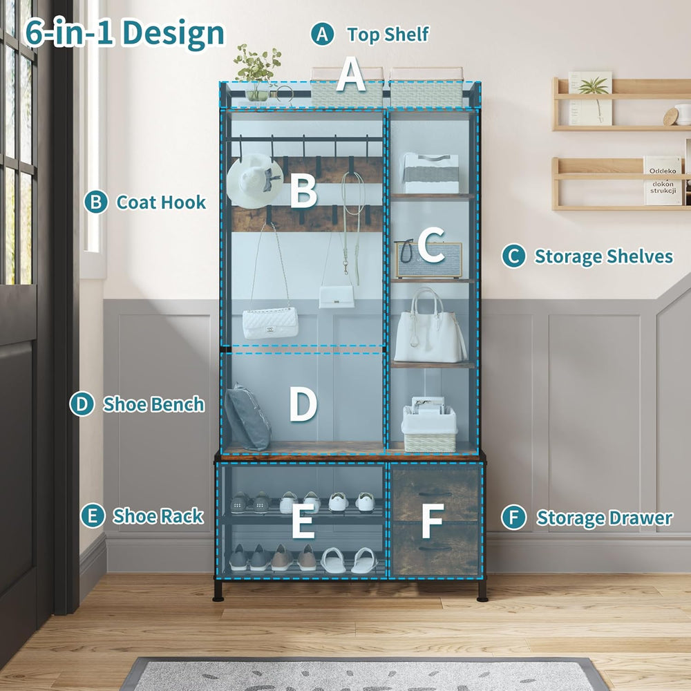 LUMTOK Hall Tree with Bench & Shoes Storage,Entryway Coat Rack with Drawers