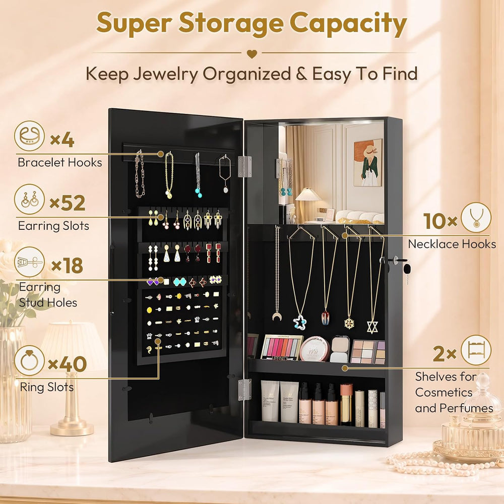 Bonnlo Wall-Mounted Jewelry Cabinet with Photo Frame, Inside Mirror, Black