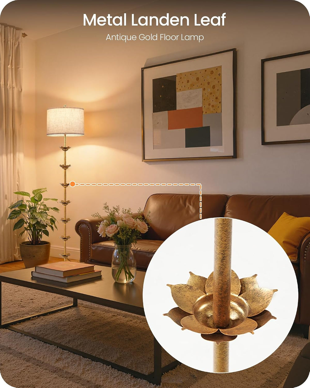 64 Inch Antique Gold Leaf Floor Lamp, 3CCT, Foot Switch, Flower Floor Light