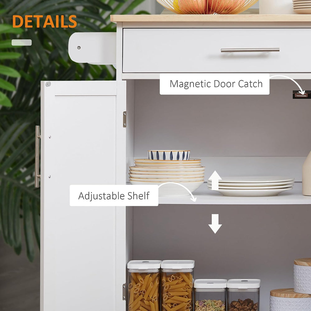 HOMCOM Kitchen Island Cart with Solid Wood Top, Storage Cabinet, White