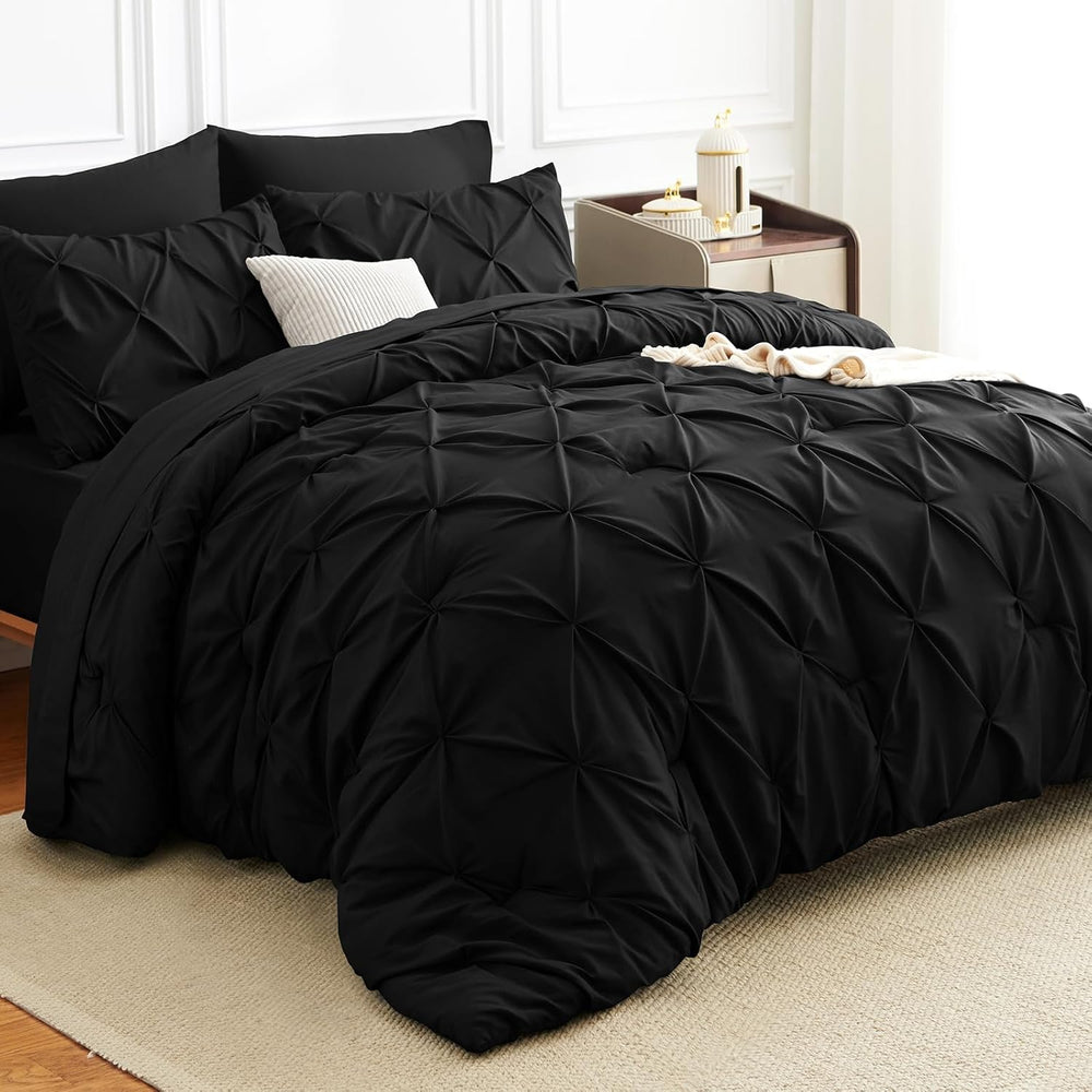 HIMEET King Size Comforter Set Black - 7 Pieces Pintuck Bed in a Bag