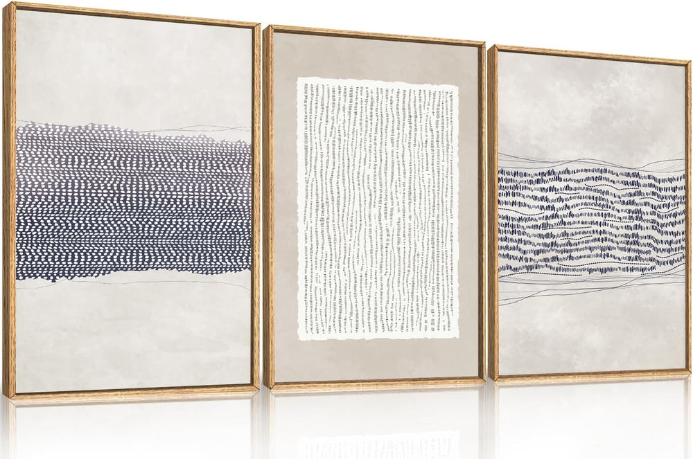 HOURIA Blue White Abstract Neutral Framed Canvas Wall Art Set- 16"x24&qu...